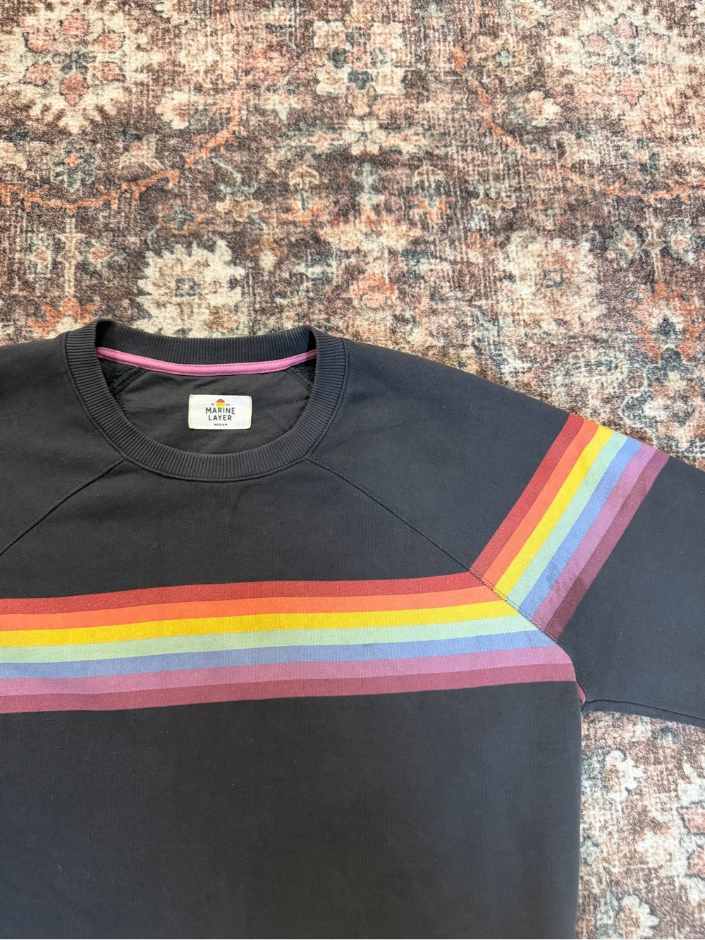 Marine Layer Sweatshirt Womens Medium Black Rainbow Stripe Crewneck Pullover